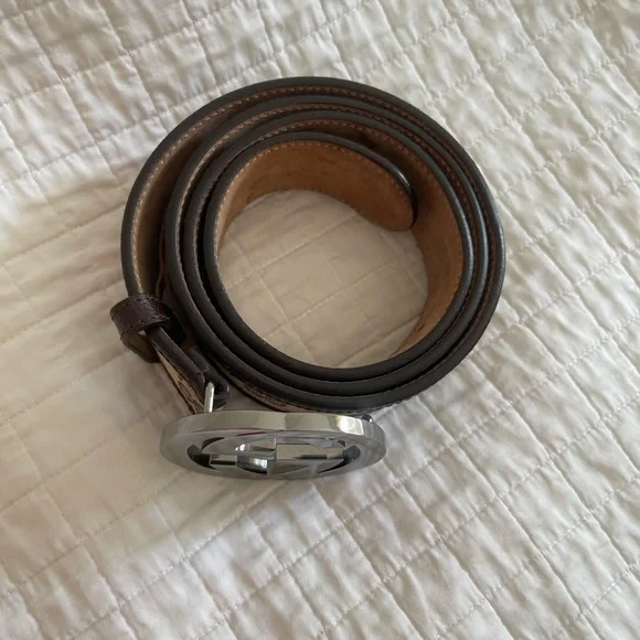 ❌SOLD❌💯Authentic Gucci Canvas Leather Silver Interlocking Buckle belt size 38 - Picture 4 of 15